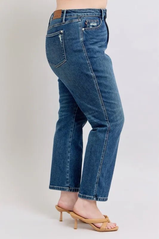 Judy Blue Full Size High Waisted Rigid Magic Non - destroy Straight Leg Jeans Plus Size - FLORENTINE IRIS
