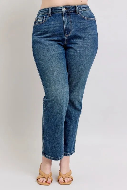 Judy Blue Full Size High Waisted Rigid Magic Non - destroy Straight Leg Jeans Plus Size - FLORENTINE IRIS