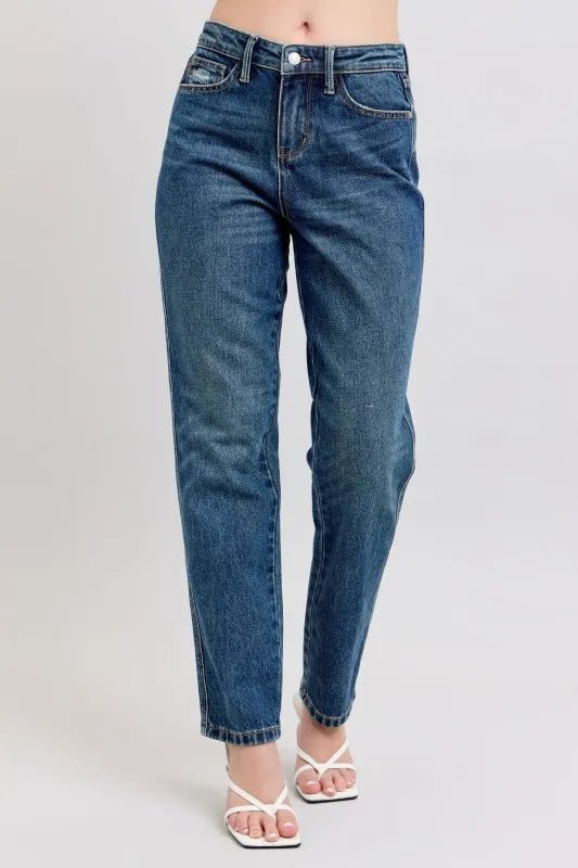 Judy Blue Full Size High Waisted Rigid Magic Non - destroy Straight Leg Jeans Plus Size - FLORENTINE IRIS