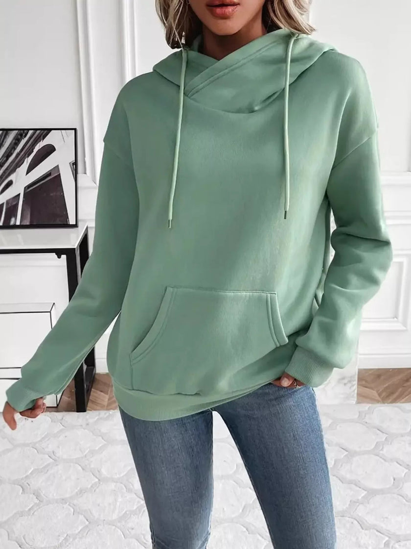 Kangaroo Pocket Long Sleeve Drawstring Hoodie - FLORENTINE IRIS