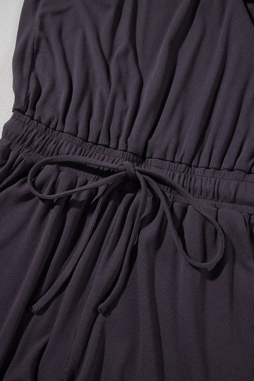 Knit Open Back Cap Sleeve Drawstring Romper - FLORENTINE IRIS