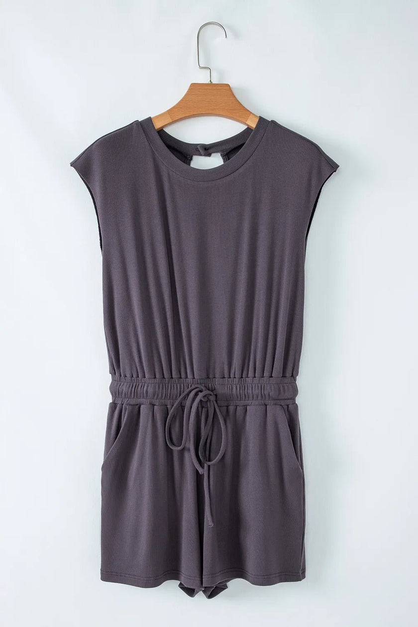 Knit Open Back Cap Sleeve Drawstring Romper - FLORENTINE IRIS