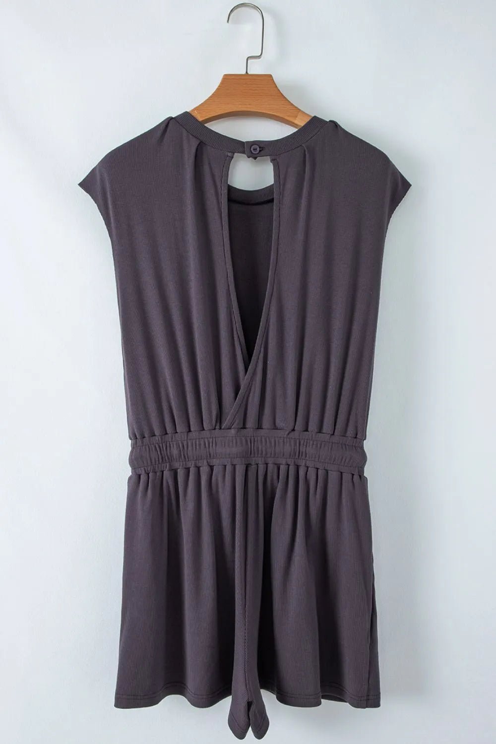 Knit Open Back Cap Sleeve Drawstring Romper - FLORENTINE IRIS