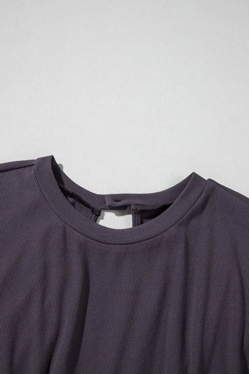 Knit Open Back Cap Sleeve Drawstring Romper - FLORENTINE IRIS