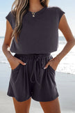 Knit Open Back Cap Sleeve Drawstring Romper - FLORENTINE IRIS