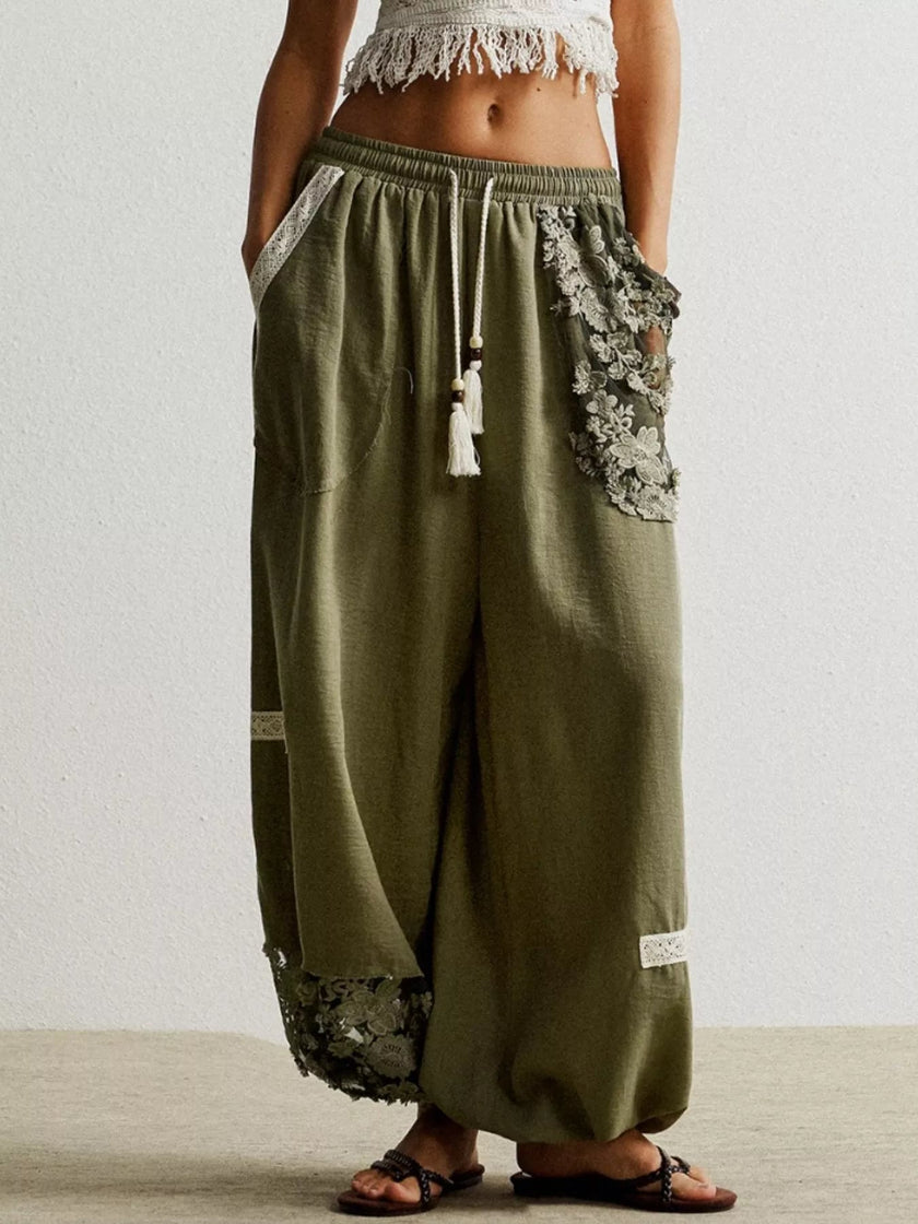 Lace Detail Drawstring Harem Pants - FLORENTINE IRIS
