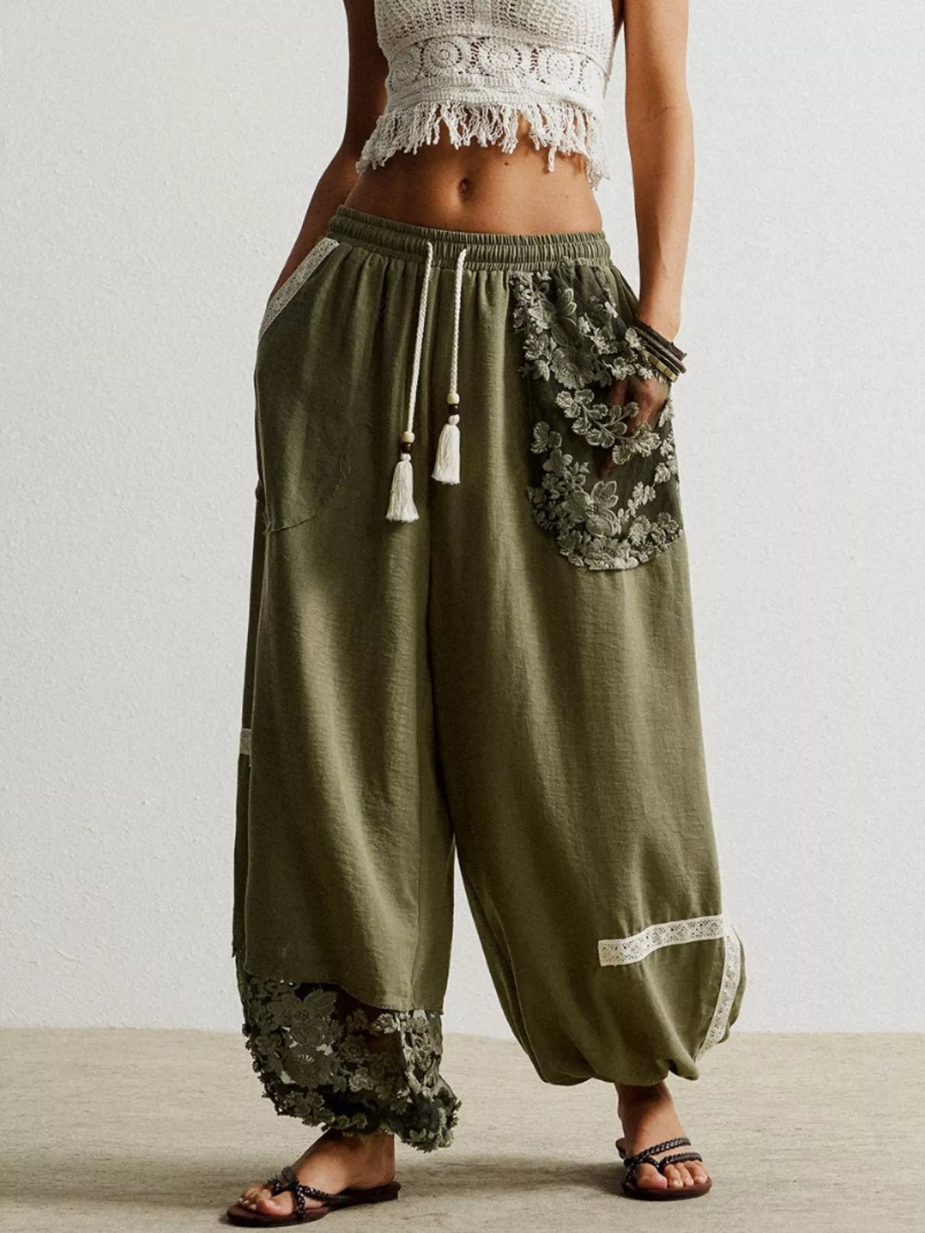 Lace Detail Drawstring Harem Pants - FLORENTINE IRIS