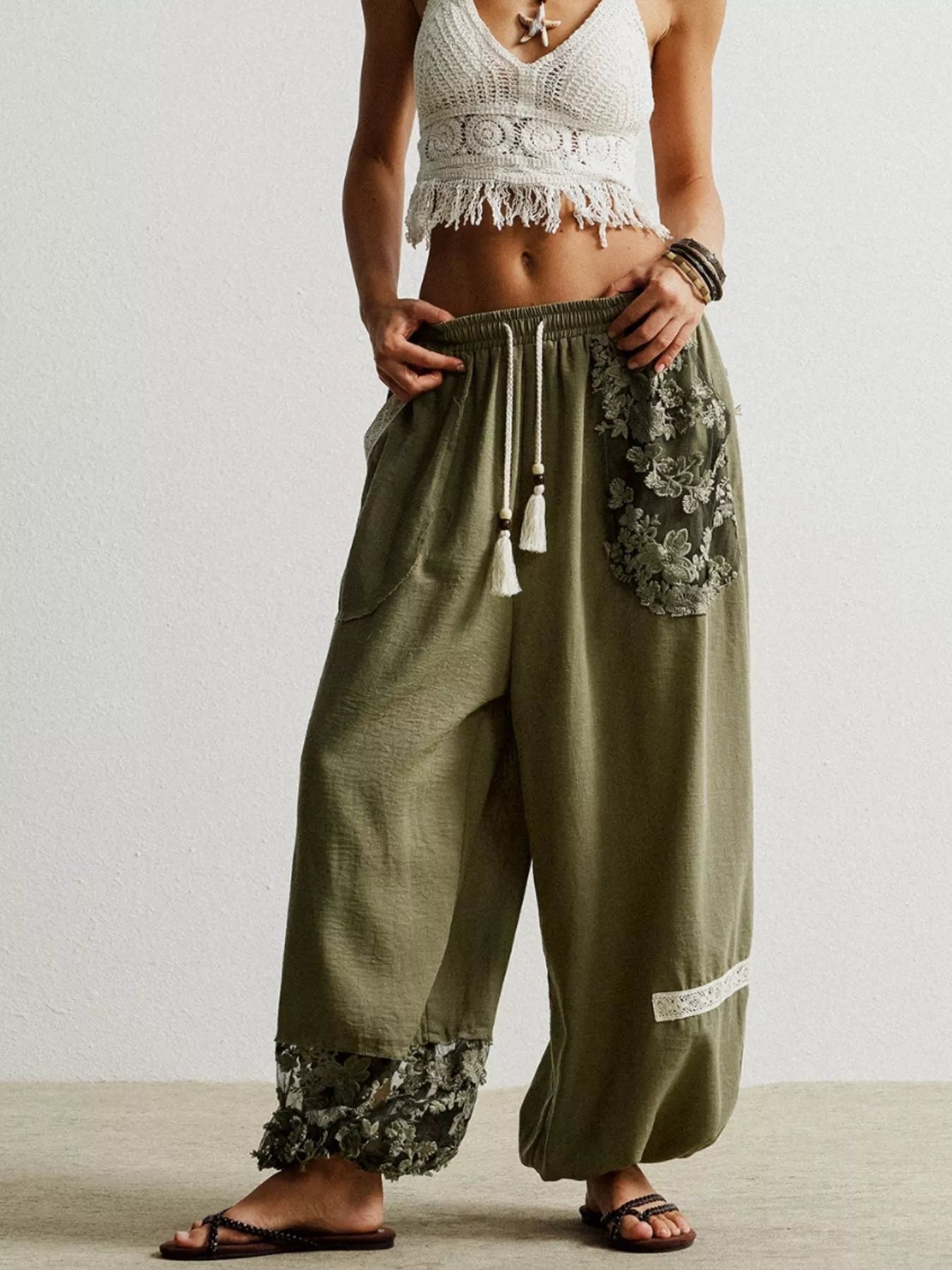 Lace Detail Drawstring Harem Pants - FLORENTINE IRIS