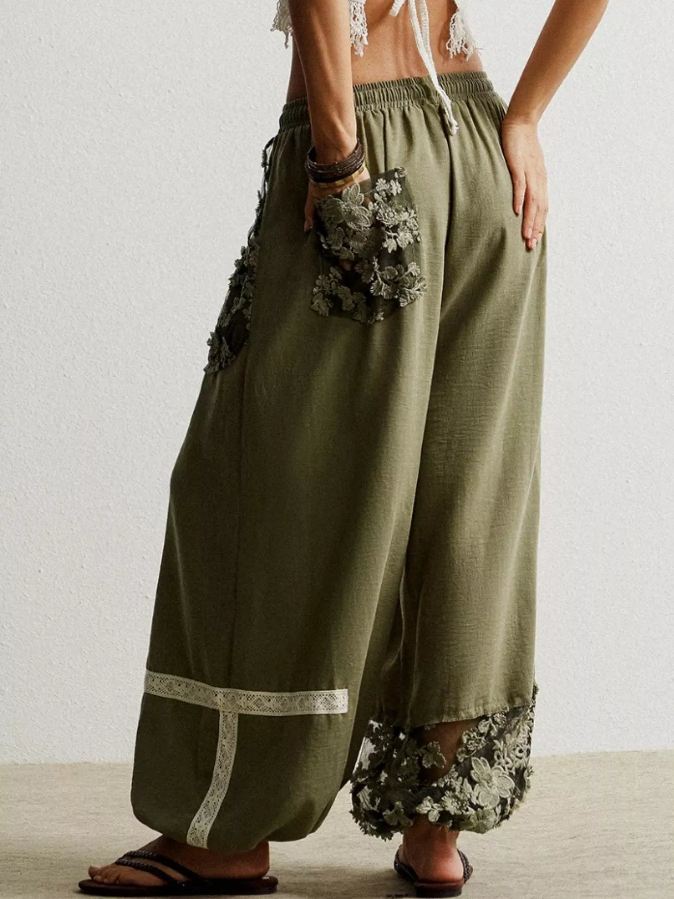 Lace Detail Drawstring Harem Pants - FLORENTINE IRIS