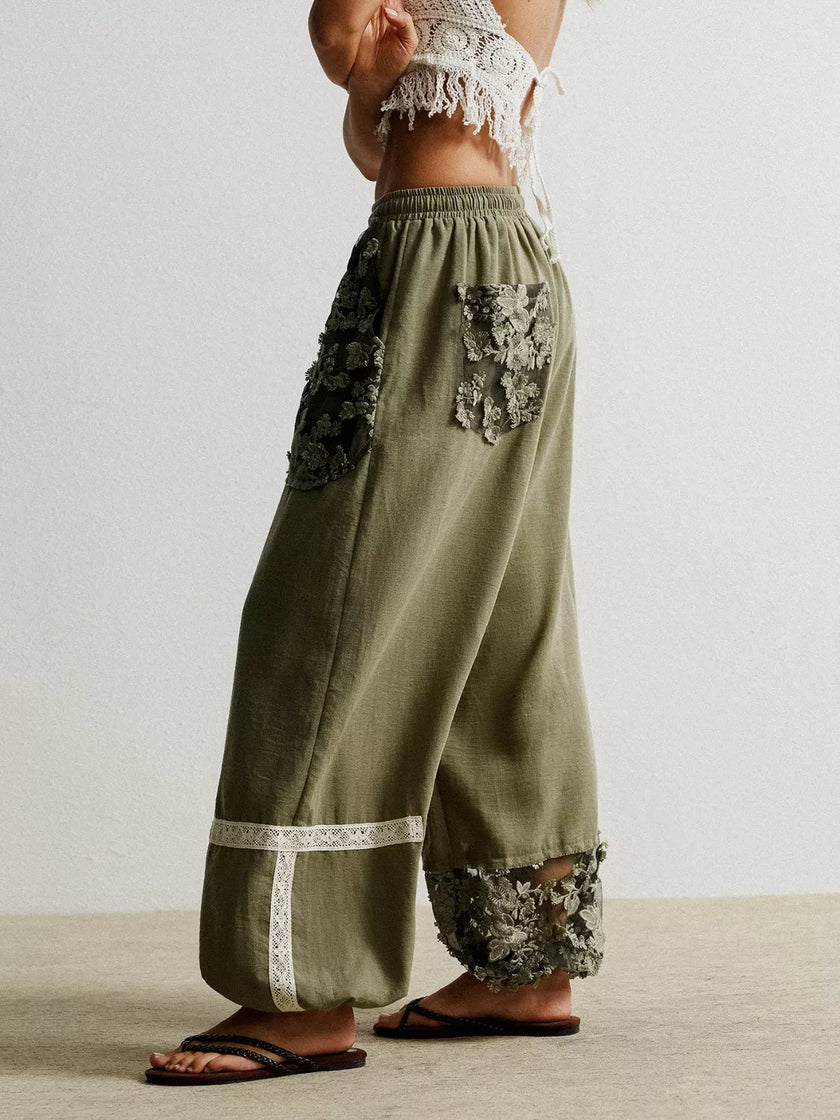 Lace Detail Drawstring Harem Pants - FLORENTINE IRIS