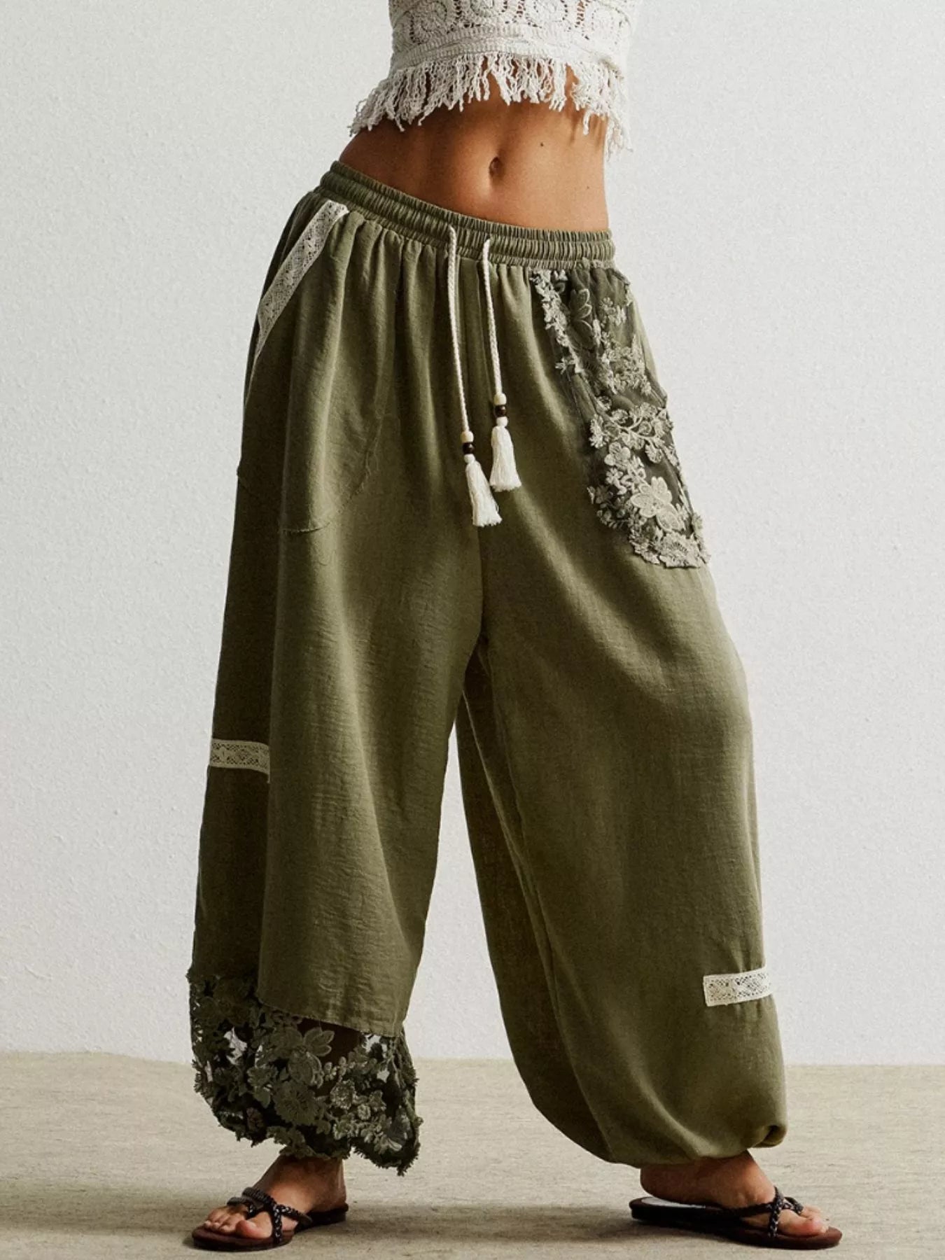 Lace Detail Drawstring Harem Pants - FLORENTINE IRIS