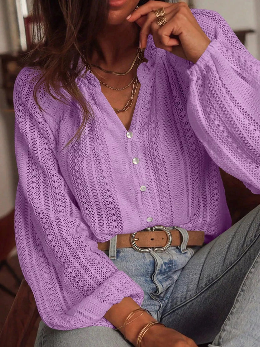 Lace Notched Long Sleeve Shirt - FLORENTINE IRIS