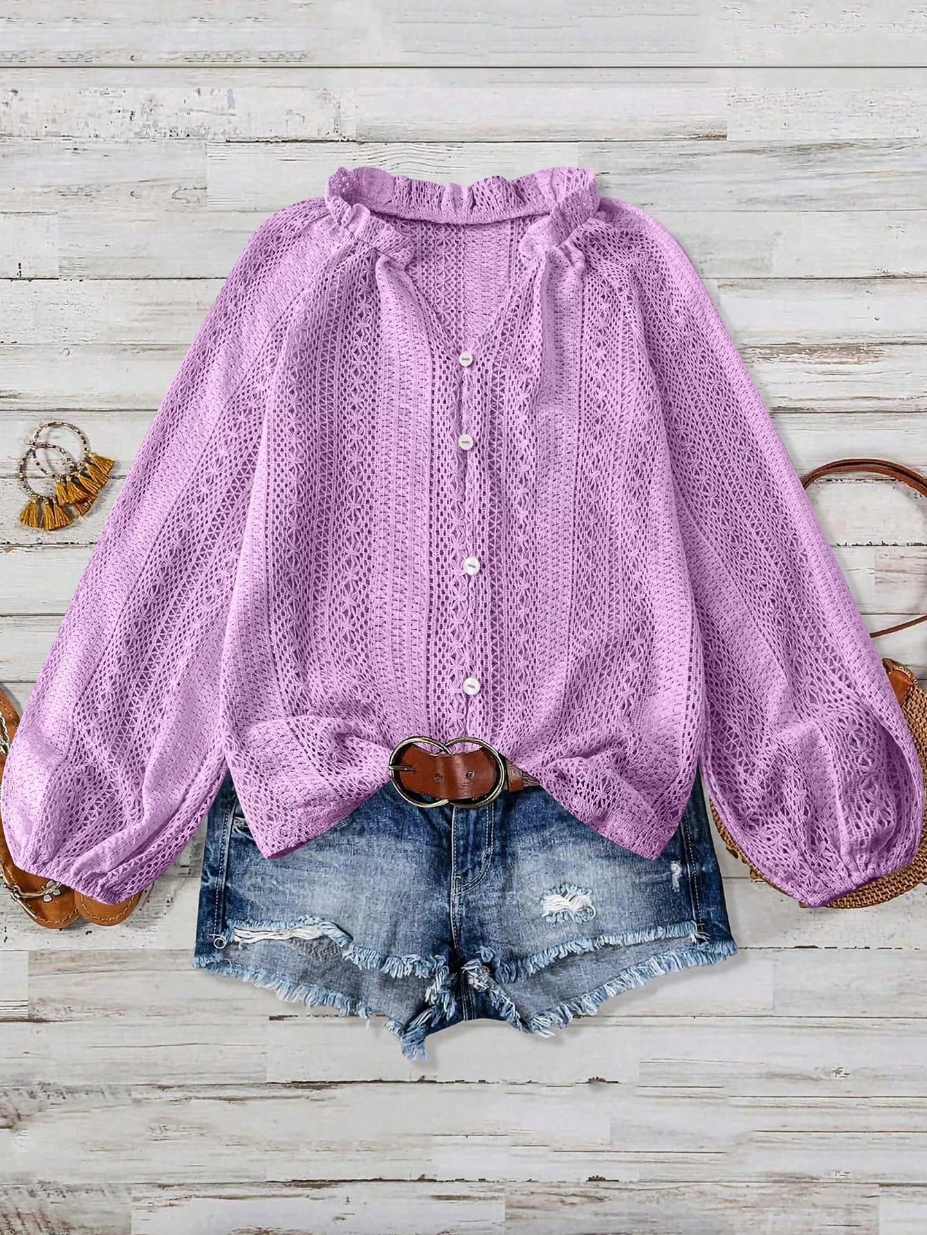 Lace Notched Long Sleeve Shirt - FLORENTINE IRIS