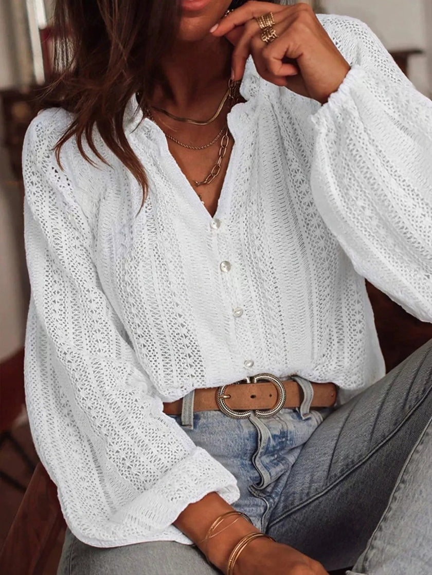 Lace Notched Long Sleeve Shirt - FLORENTINE IRIS