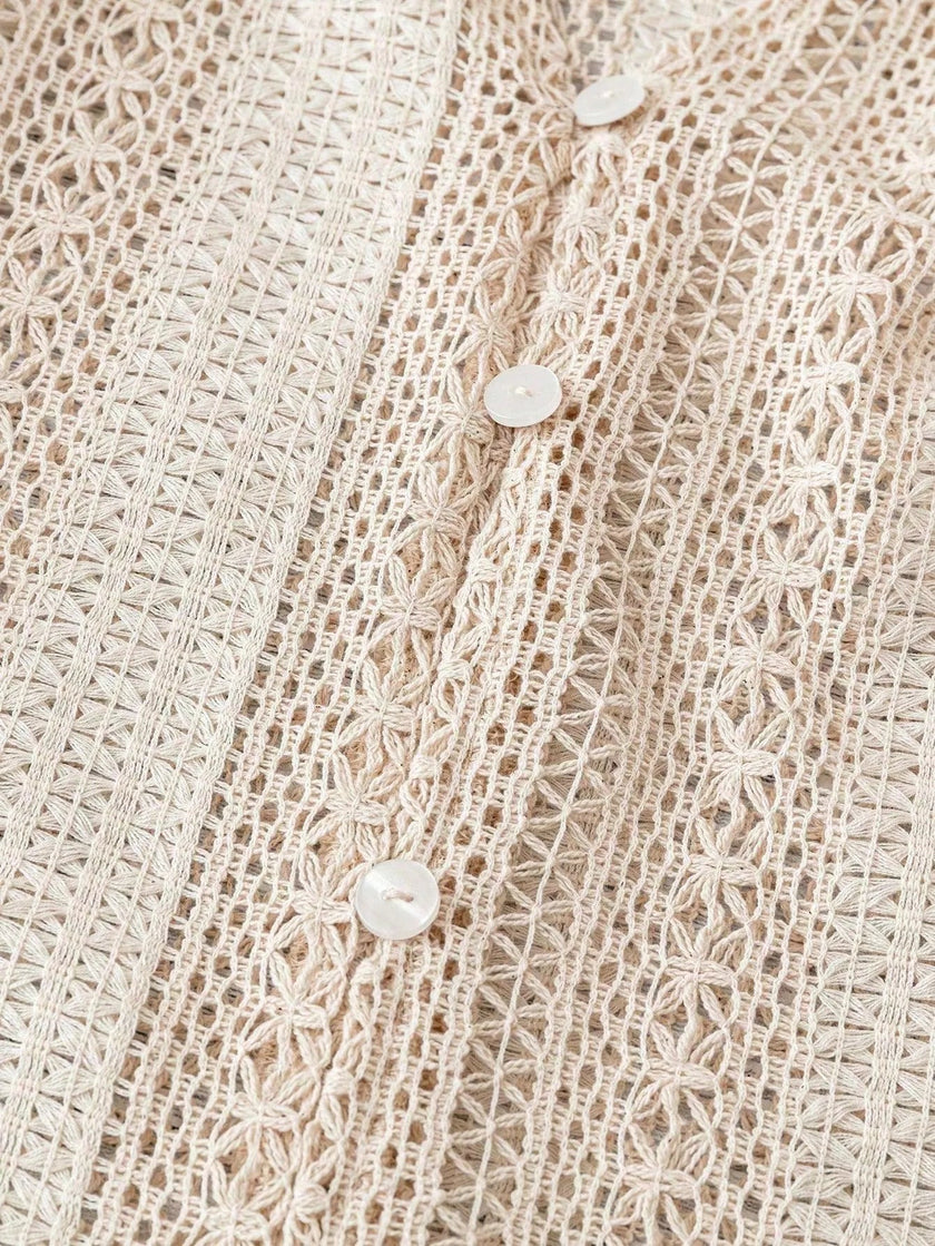 Lace Notched Long Sleeve Shirt - FLORENTINE IRIS