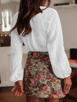Lace Notched Long Sleeve Shirt - FLORENTINE IRIS