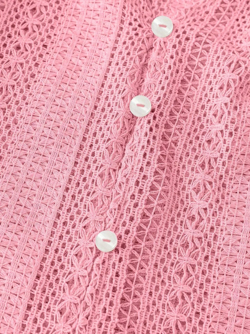 Lace Notched Long Sleeve Shirt - FLORENTINE IRIS