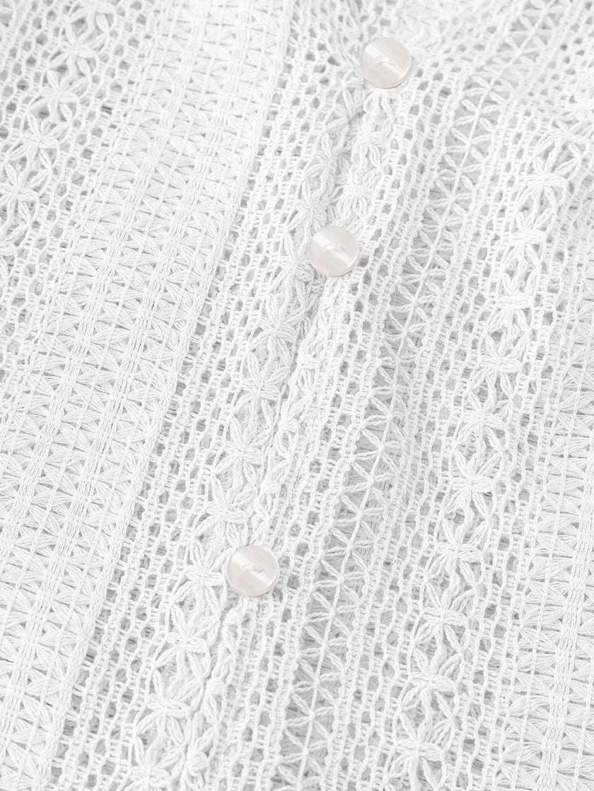 Lace Notched Long Sleeve Shirt - FLORENTINE IRIS