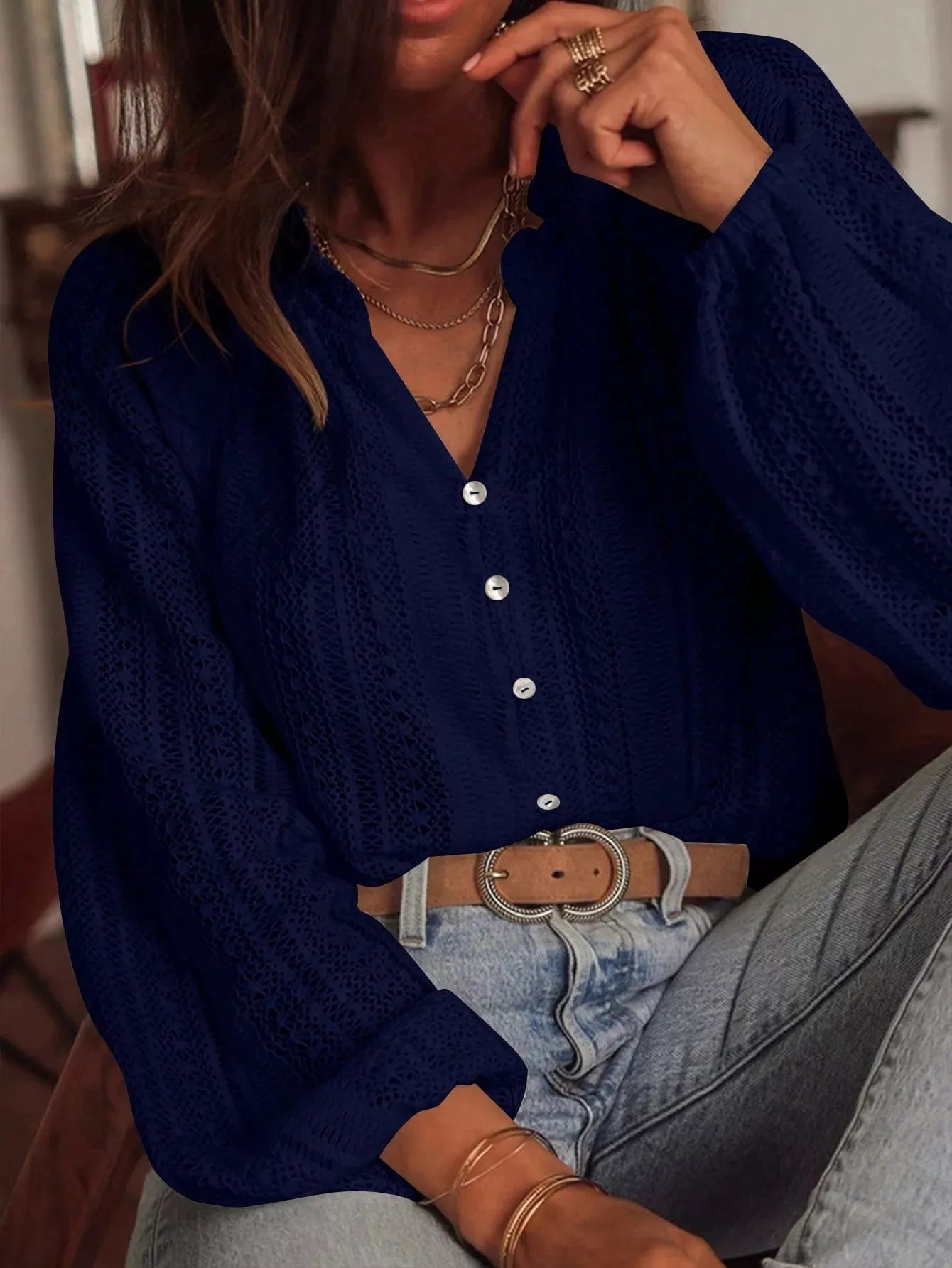 Lace Notched Long Sleeve Shirt - FLORENTINE IRIS