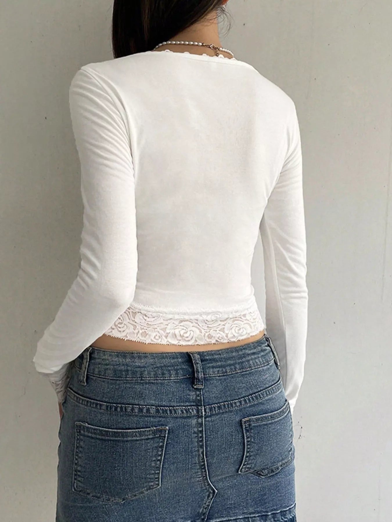 Lace Trim Long Sleeve T-Shirt - FLORENTINE IRIS