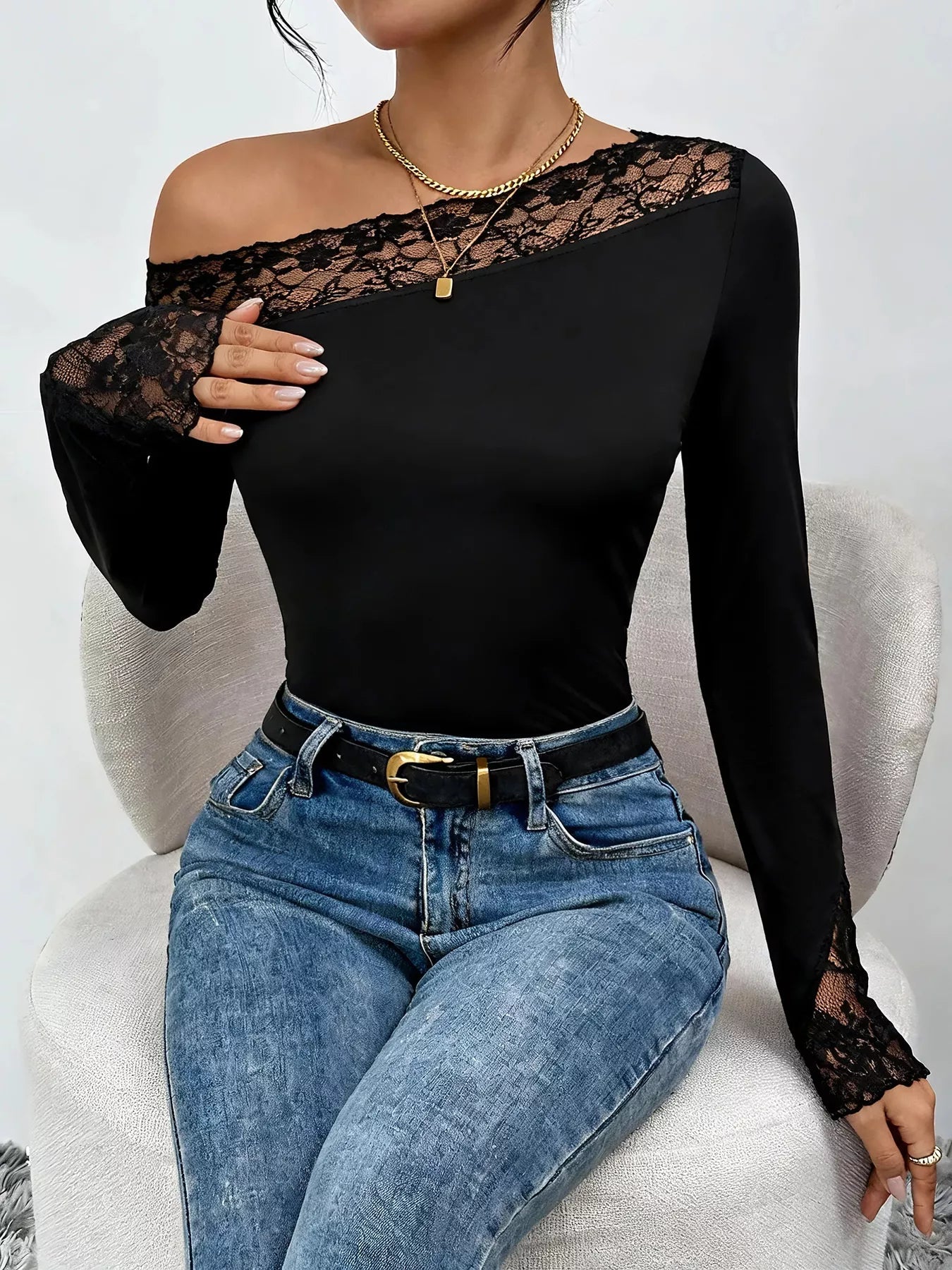 Lace Trim One Shoulder Bodysuit - FLORENTINE IRIS