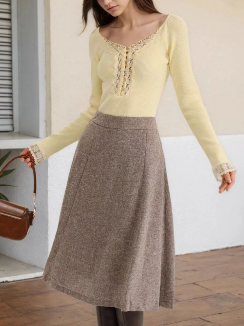 Lace Trim Ribbed Long Sleeve T-Shirt - FLORENTINE IRIS