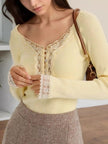 Lace Trim Ribbed Long Sleeve T-Shirt - FLORENTINE IRIS