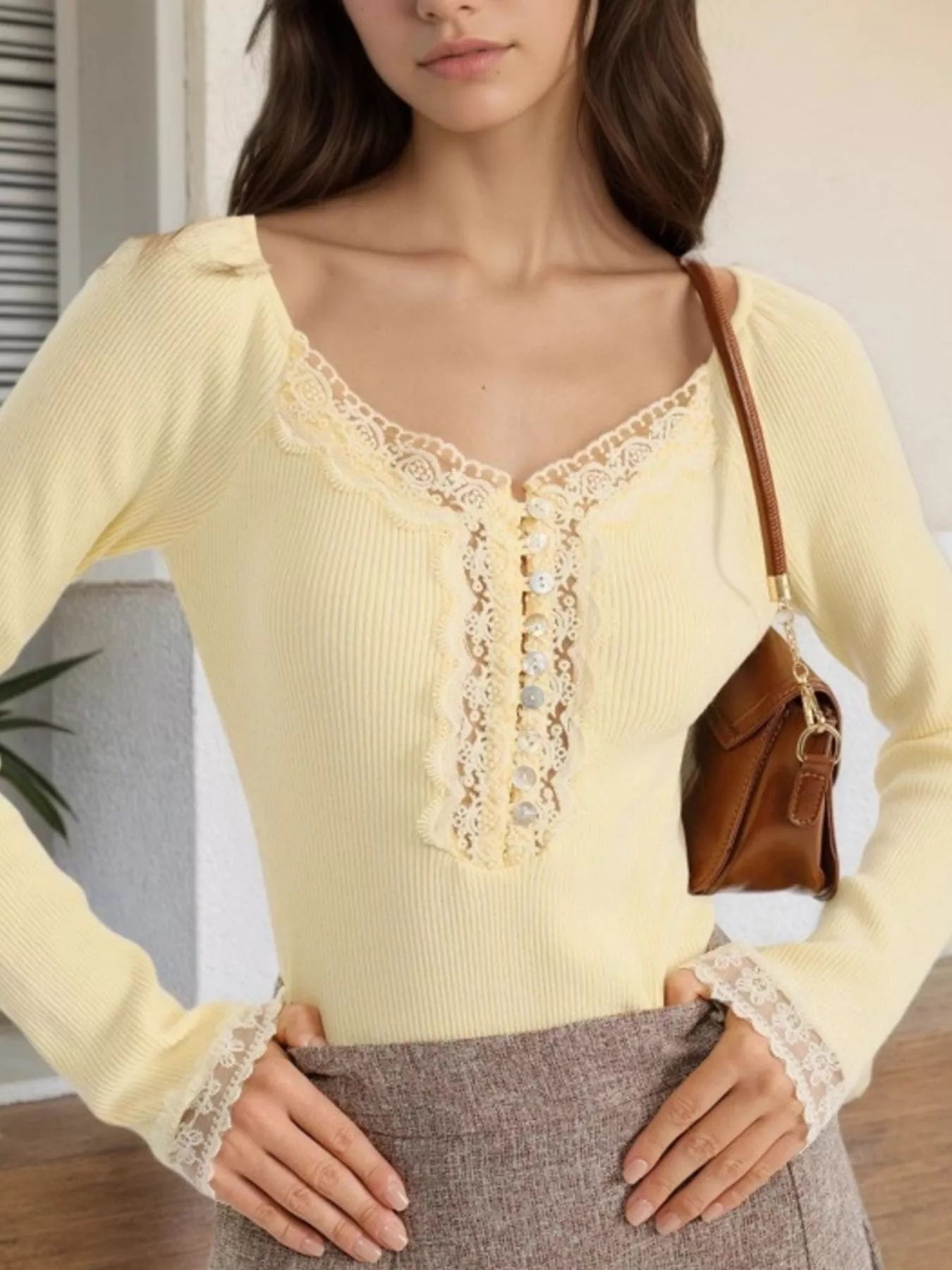 Lace Trim Ribbed Long Sleeve T-Shirt - FLORENTINE IRIS