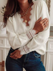 Lace Trim V - Neck Sweater - FLORENTINE IRIS
