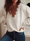 Lace Trim V - Neck Sweater - FLORENTINE IRIS