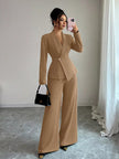 Lapel Collar Blazer & Wide Leg Pants Set - FLORENTINE IRIS