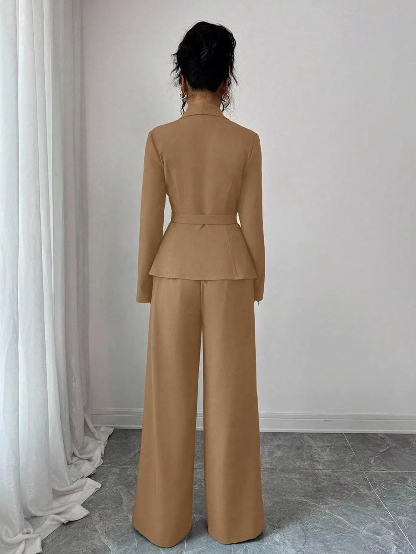 Lapel Collar Blazer & Wide Leg Pants Set - FLORENTINE IRIS