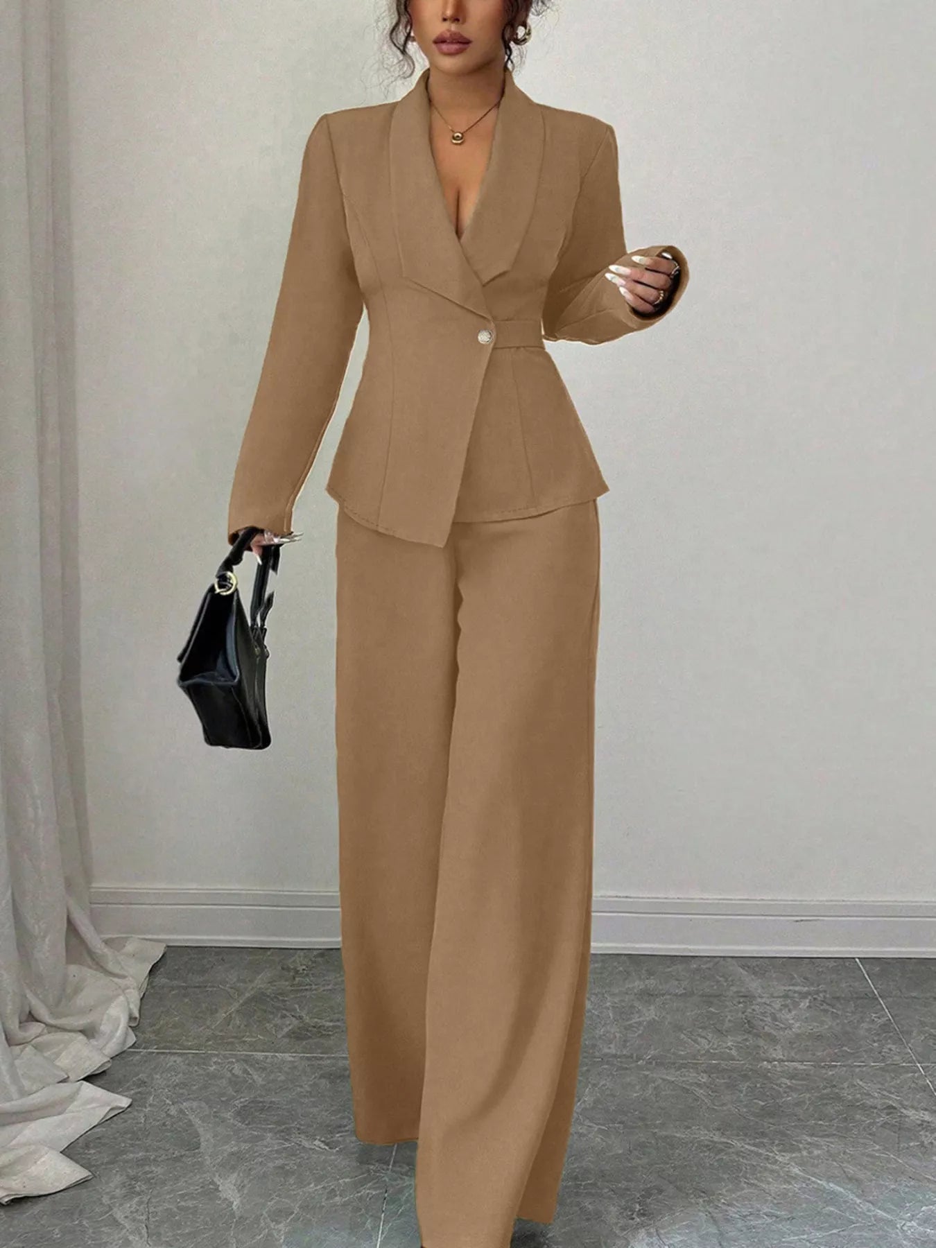 Lapel Collar Blazer & Wide Leg Pants Set - FLORENTINE IRIS