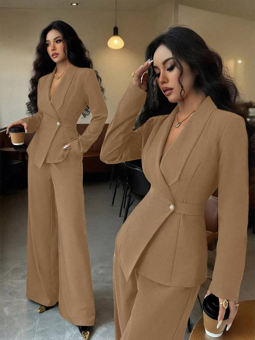 Lapel Collar Blazer & Wide Leg Pants Set - FLORENTINE IRIS