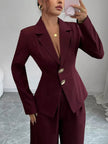 Lapel Collar Blazer & Wide Leg Pants Set - FLORENTINE IRIS