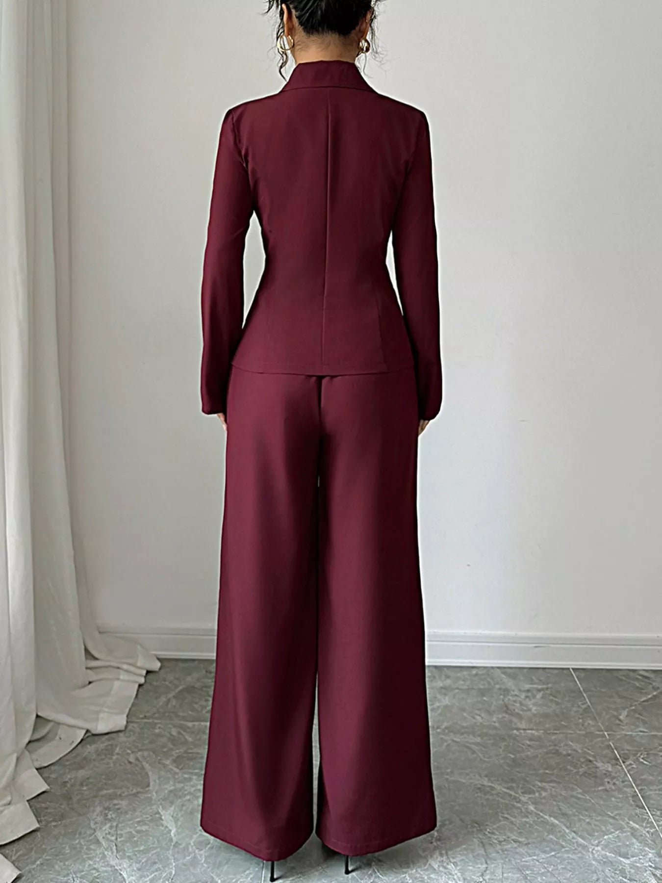 Lapel Collar Blazer & Wide Leg Pants Set - FLORENTINE IRIS