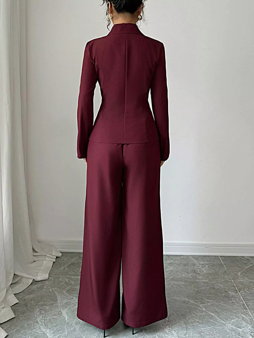 Lapel Collar Blazer & Wide Leg Pants Set - FLORENTINE IRIS
