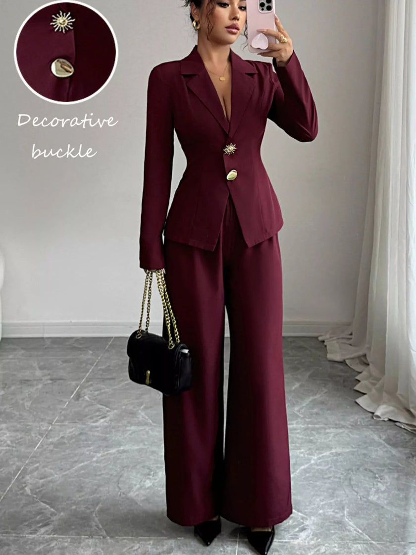 Lapel Collar Blazer & Wide Leg Pants Set - FLORENTINE IRIS