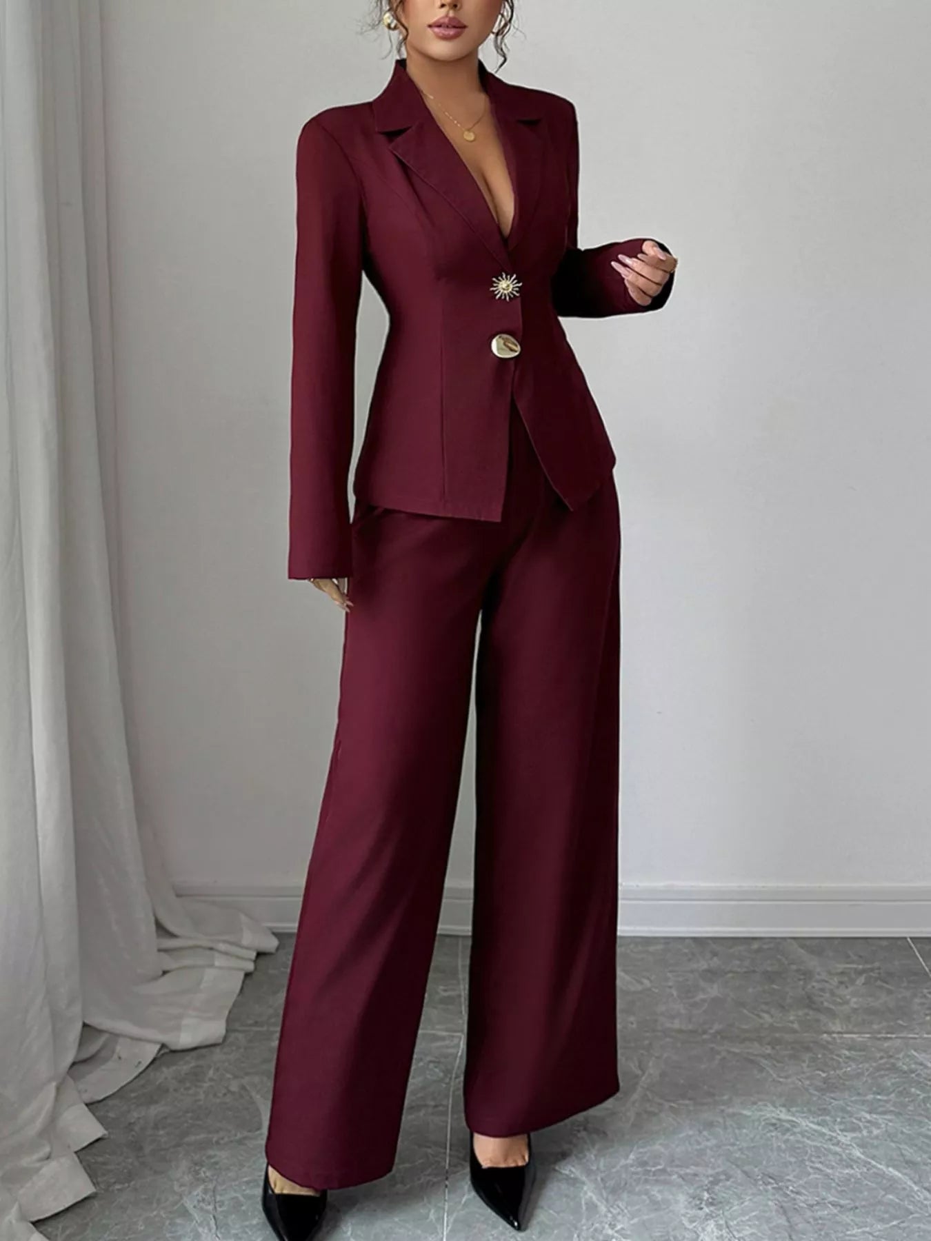 Lapel Collar Blazer & Wide Leg Pants Set - FLORENTINE IRIS