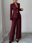 Lapel Collar Blazer & Wide Leg Pants Set - FLORENTINE IRIS