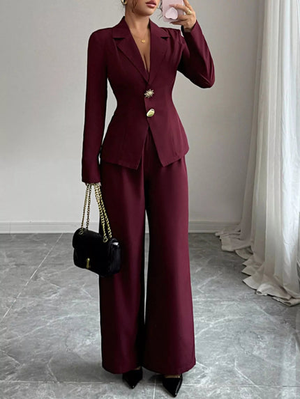 Lapel Collar Blazer & Wide Leg Pants Set - FLORENTINE IRIS