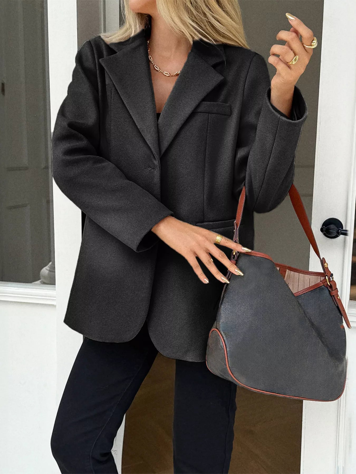 Lapel Collar Button Up Blazer - FLORENTINE IRIS