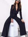 Lapel Collar Cropped Top and Wide Leg Pants Set - FLORENTINE IRIS
