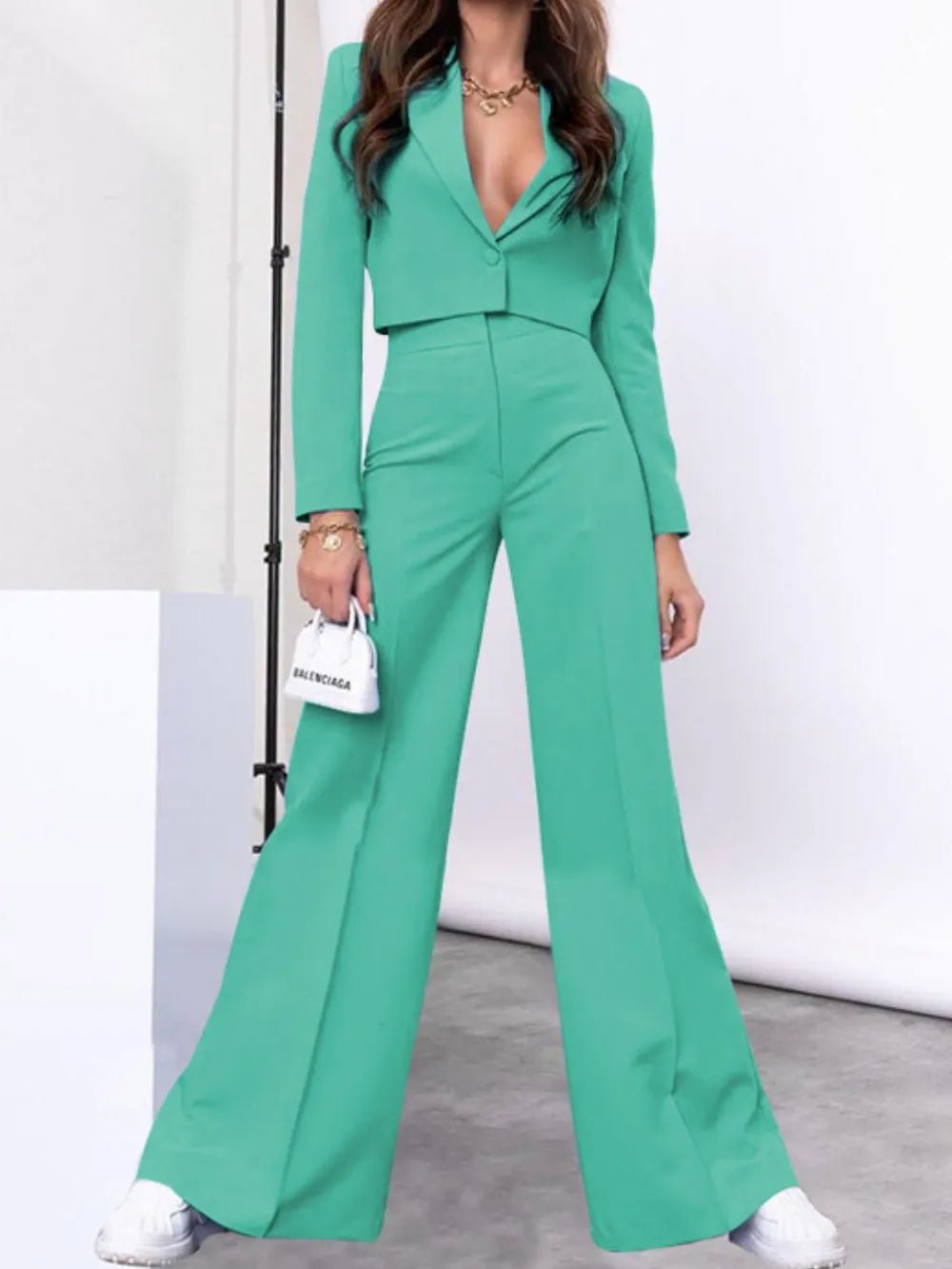 Lapel Collar Cropped Top and Wide Leg Pants Set - FLORENTINE IRIS