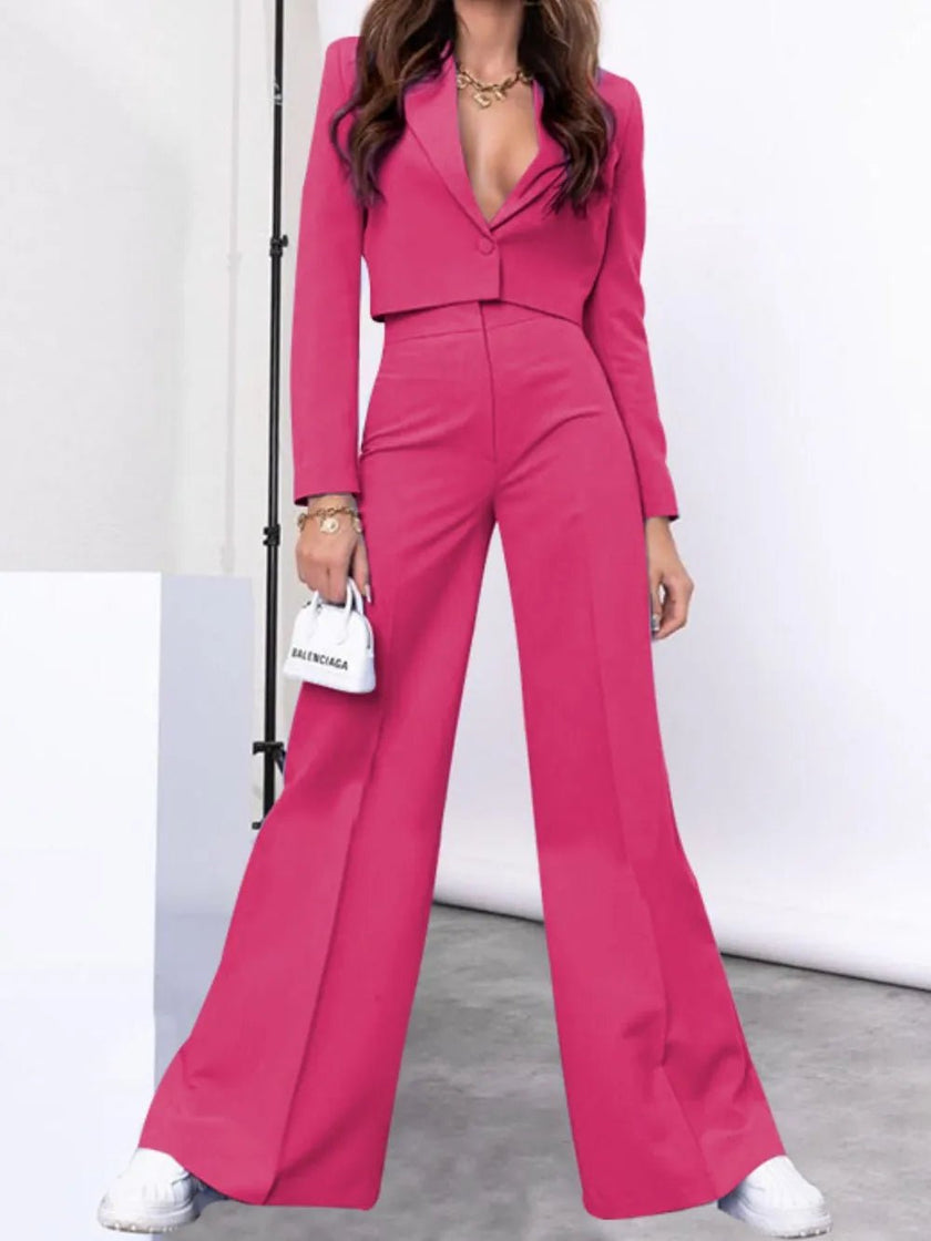 Lapel Collar Cropped Top and Wide Leg Pants Set - FLORENTINE IRIS