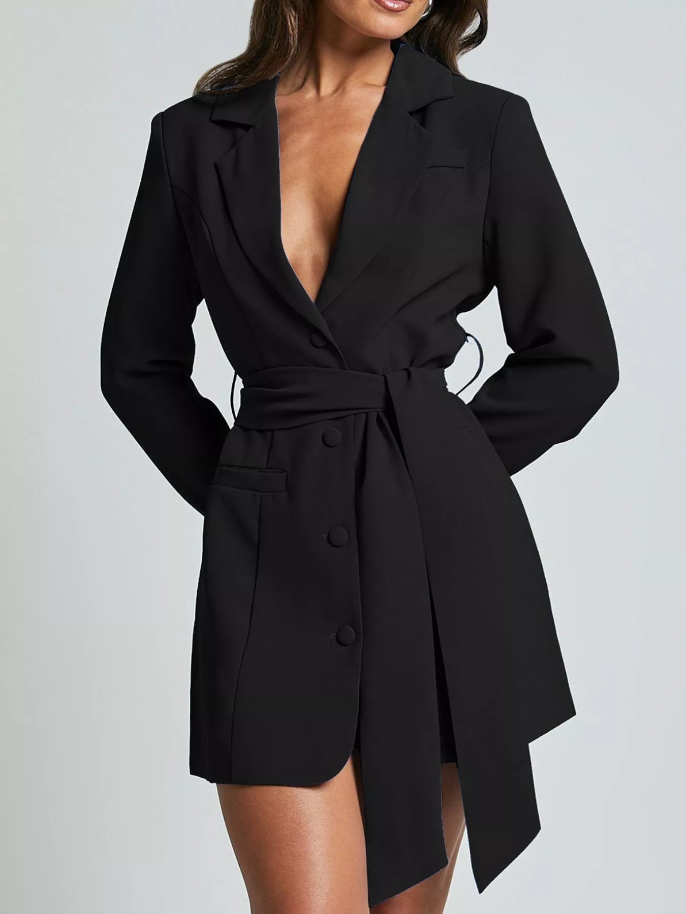 Lapel Collar Tie Waist Blazer - FLORENTINE IRIS