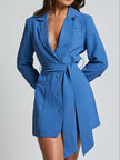 Lapel Collar Tie Waist Blazer - FLORENTINE IRIS