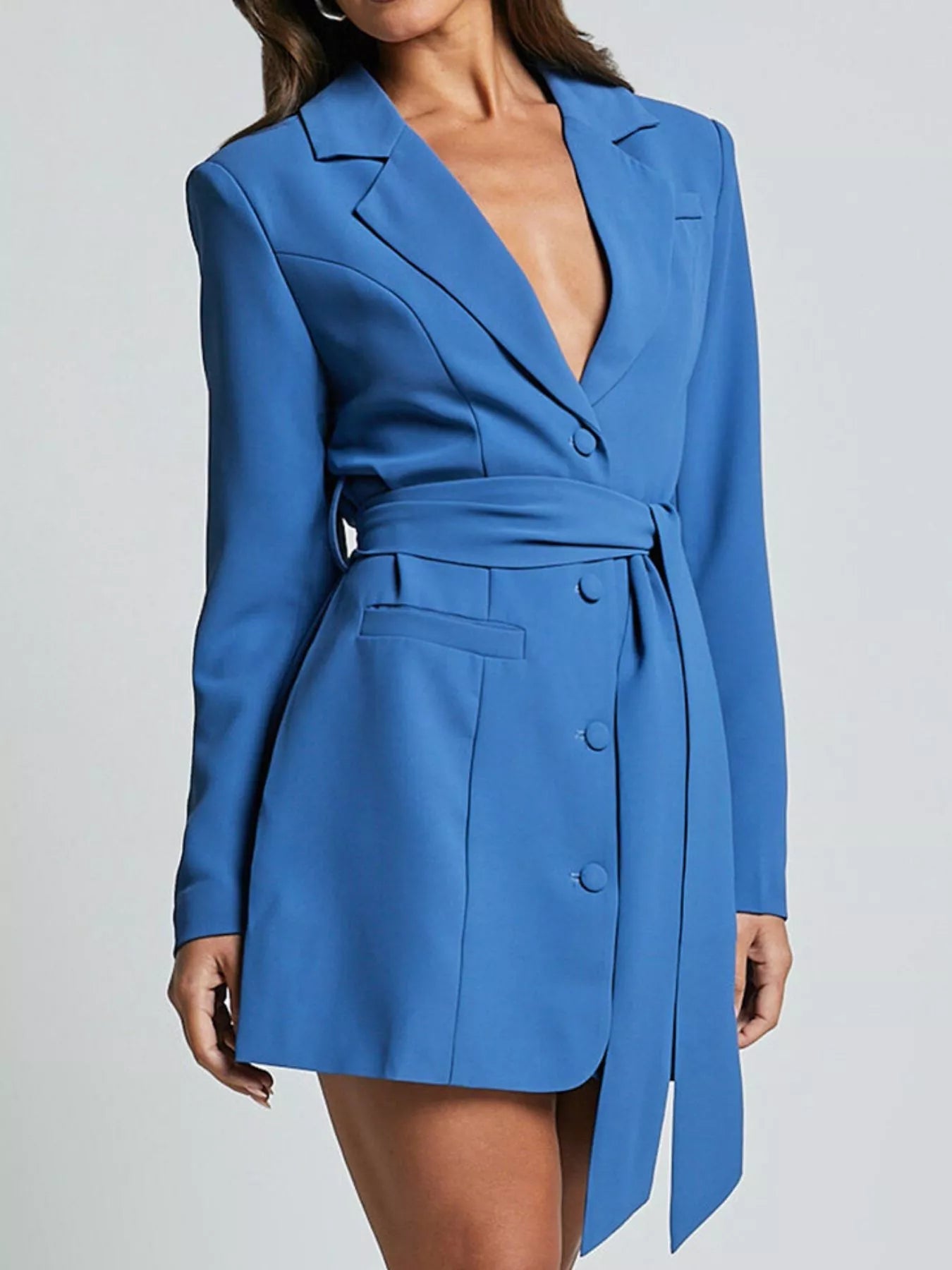 Lapel Collar Tie Waist Blazer - FLORENTINE IRIS