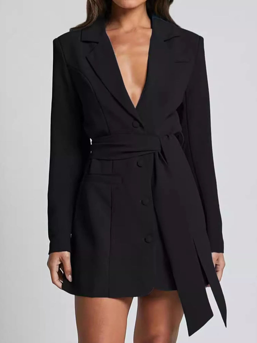 Lapel Collar Tie Waist Blazer - FLORENTINE IRIS