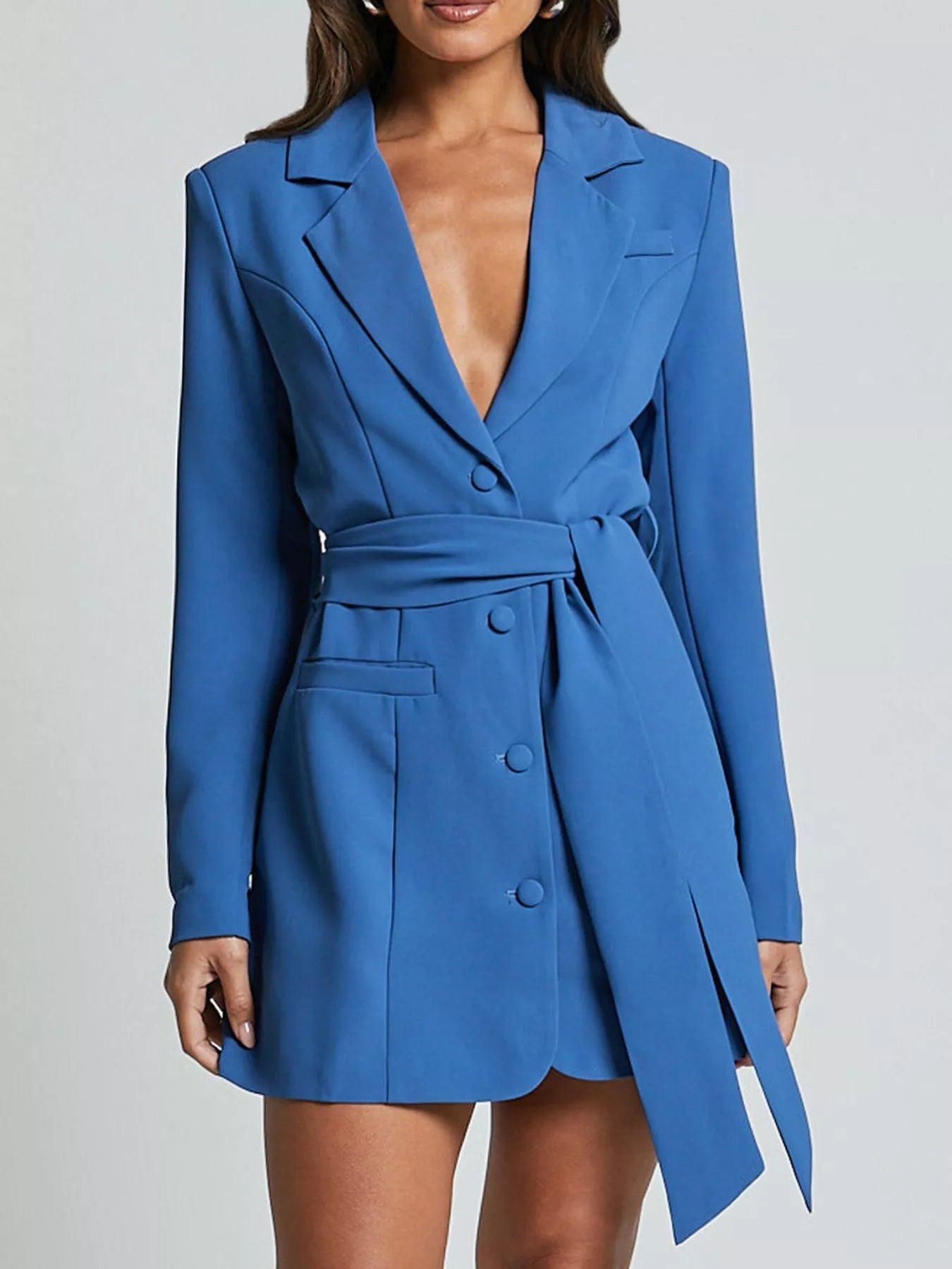 Lapel Collar Tie Waist Blazer - FLORENTINE IRIS